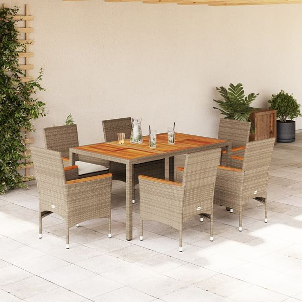 vidaXL 7-teilig Garten-Essgruppe mit Kissen Beige Poly Rattan Akazie, 3278642