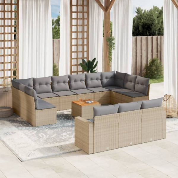 vidaXL 14-tlg. Garten-Sofagarnitur mit Kissen Beige Poly Rattan, 3256696