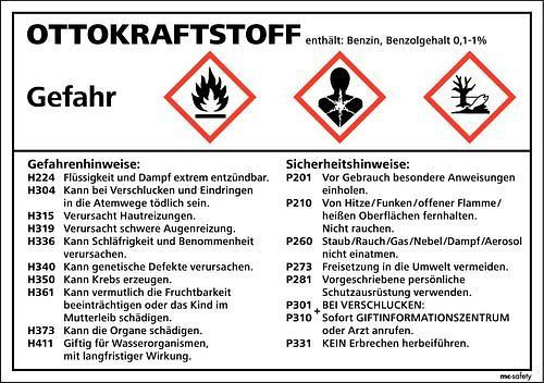 DENIOS GHS Schild, Übersicht "GHS Ottokraftstoff", Folie, selbstklebend, 210 x 148 mm, VE: 10 Stück, 210094