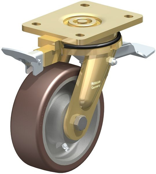 Blickle LS-GB 150K-ST-RI4 Stahlgeschweißte Schwerlast-Lenkrolle, schwere Drehkranz-Ausführung mit Feststeller, Blickle Besthane®, Braun, 852584