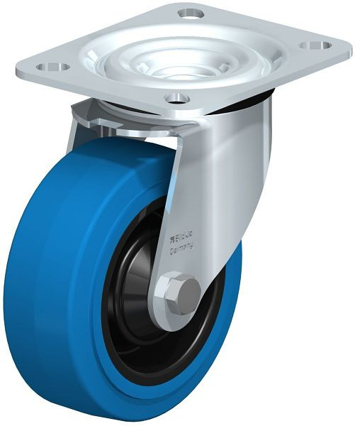 Blickle L-POEV 100XR-SB Stahlblech-Lenkrolle, mittelschwere Ausführung, mit Anschraubplatte, Elastik-Vollgummi, Blau, 850512