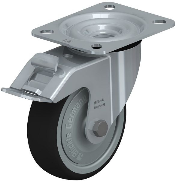 Blickle LE-PATH 100K-FI-FK Stahlblech-Lenkrolle mit Anschraubplatte & Feststeller, Thermoplastisches Polyurethan, Grau, 754479