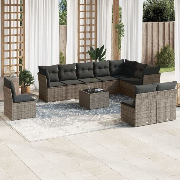 vidaXL 11-teilig Garten-Sofagarnitur mit Kissen Grau Poly Rattan, 3217810