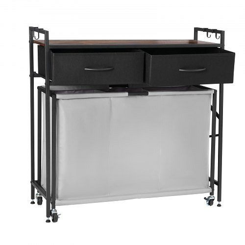 VEVOR Wäschekorb mit 3 Fächern & Holztischplatte, Wäschesortierer auf Rollen, 2 Schubladen & Haken, für Badezimmer, XYLEKJSMCTS1WJGUD001V0