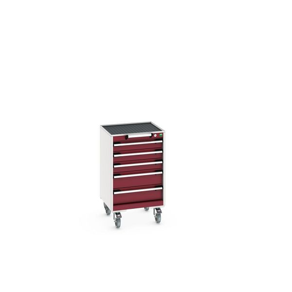 bott cubio Schubladenschrank mobil bestückt, mit 5 Schubladen, BxTxH: 525x525x885mm, RAL 7035/3004, Purpurrot, 40402132.24V