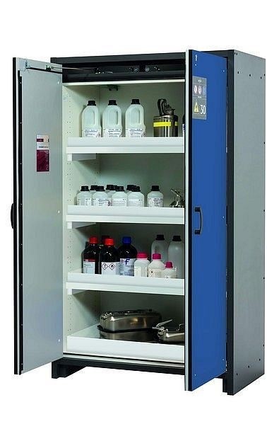 asecos Sicherheitsschrank Q-CLASSIC-30, Q30.195.116 in enzianblau RAL 5010 mit 3x Wannenboden Standard (Polypropylen), 31003-067-30013