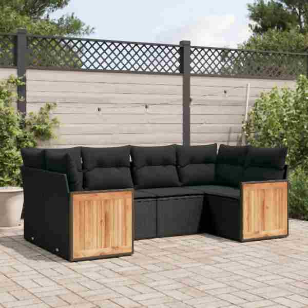 vidaXL 6-tlg. Garten-Sofagarnitur mit Kissen Schwarz Poly Rattan, UV-beständig, 3227938