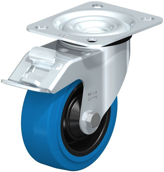 Blickle LE-POEV 100K-FI-SB Stahlblech-Lenkrolle mit Anschraubplatte & Feststeller, Elastik-Vollgummi, Blau, 605071