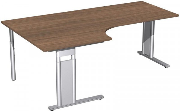 geramöbel PC-Schreibtisch links höhenverstellbar, C Fuß Blende optional, 2000x1200x680-820, Nussbaum/Silber, N-647322-NS
