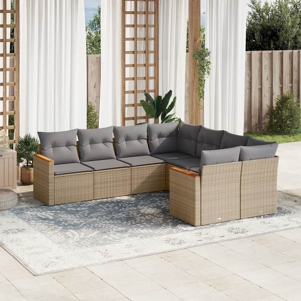 vidaXL 8-tlg. Garten-Sofagarnitur mit Kissen Beige Poly Rattan, UV-beständig, 3226556