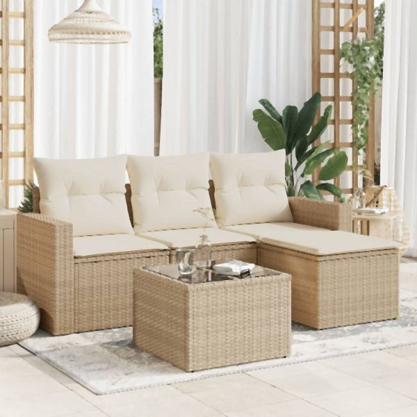 vidaXL 5-tlg. Garten-Sofagarnitur mit Kissen Beige Poly Rattan, 3251215