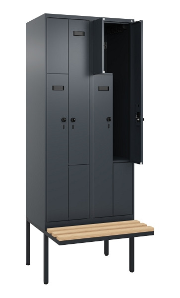 C+P Z-Spind Evolo PLUS, Bank, 4 Fächer, 2120x800x815mm, 7016/7016, Drehriegel, Sitzfläche Holz, 0490437-224 S10013