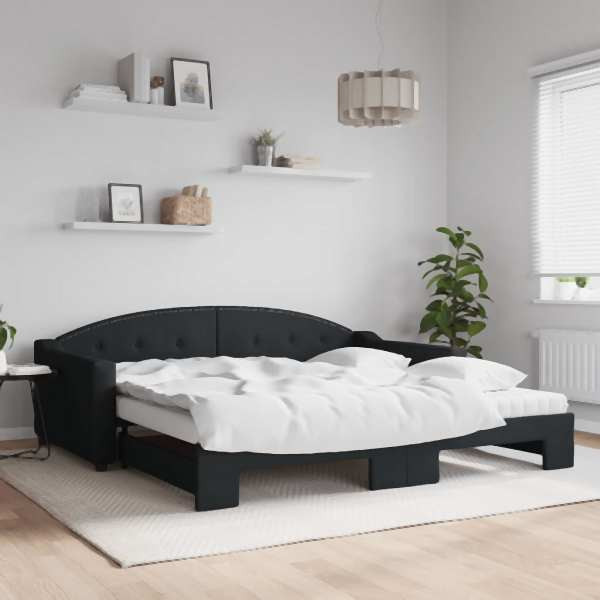 vidaXL Tagesbett Ausziehbar mit Matratzen Schwarz 100x200 cm Stoff, 3197555