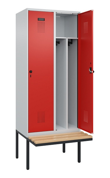 C+P Spind Evolo PLUS, 2 Abteile, 2120x800x815mm, 7035/3020, Haken 4, Drehriegel, Sitzfläche Holz, Trennwand, 0490407-22F S10005