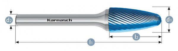 Karnasch Hartmetall-Frässtift Blue-Tec beschichtet RBF/ HP-5 d1=3 / l2=14 / d2=3 / l1=38mm, VE: 4 Stück, 115053015
