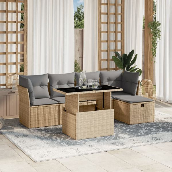 vidaXL 6-tlg. Garten-Sofagarnitur mit Kissen Beige Poly Rattan, 3274639