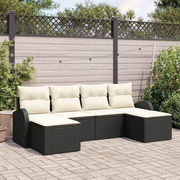 vidaXL Garten-Sofa-Set mit Kissen, 6er Set, Schwarz und Weiß Poly Rattan, 3354816