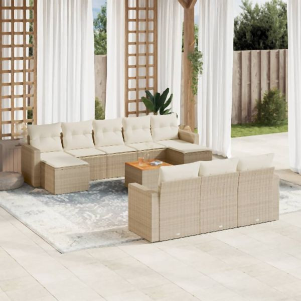 vidaXL 11-tlg. Garten-Sofagarnitur mit Kissen Beige Poly Rattan, 3224343