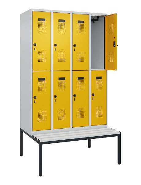 C+P Doppelstock-Spind Evolo PLUS, Bank, 8 Fächer, 2120x1200x815mm, 7035/1004, Drehriegel, Sitzfläche Kunststoff, Sitzbank, 0493507-40 S10081