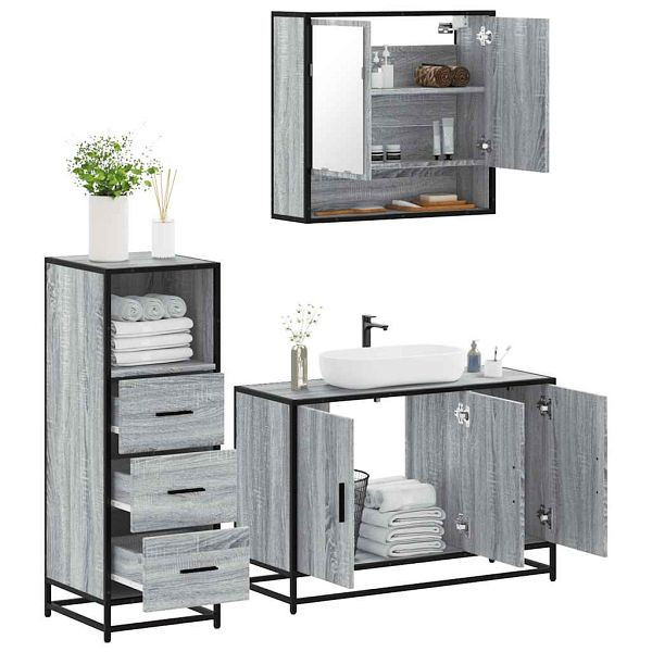vidaXL 3-tlg. Badmöbel-Set Grau Sonoma Holzwerkstoff, 3301043