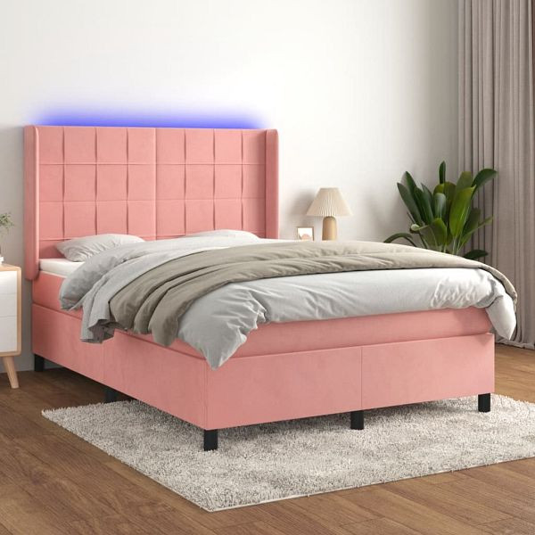vidaXL Boxspringbett mit Matratze & LED Rosa 140x200 cm Samt, 3139570