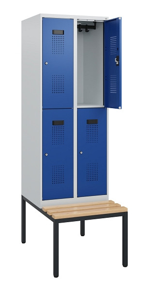 C+P Doppelstöckiger Spind Evolo PLUS, Bank, 4 Fächer, 1950x600x815mm, 7035/5010, Zylinderschloss, Sitzfläche Buche-Hartholz, Sitzbank, 0493505-20 S10029