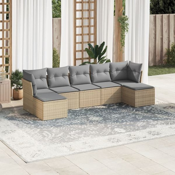 vidaXL 7-teilig Garten-Sofagarnitur mit Kissen Beige Poly Rattan, 3218029
