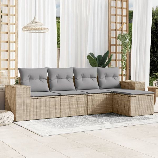 vidaXL 5-teilig Garten-Sofagarnitur mit Kissen Beige Poly Rattan, 3222488
