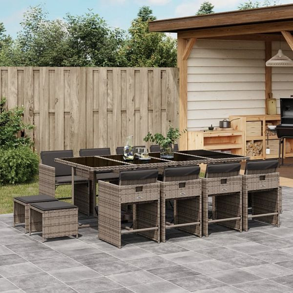 vidaXL 13-teilig Garten-Essgruppe mit Kissen Grau Poly Rattan, 3211160