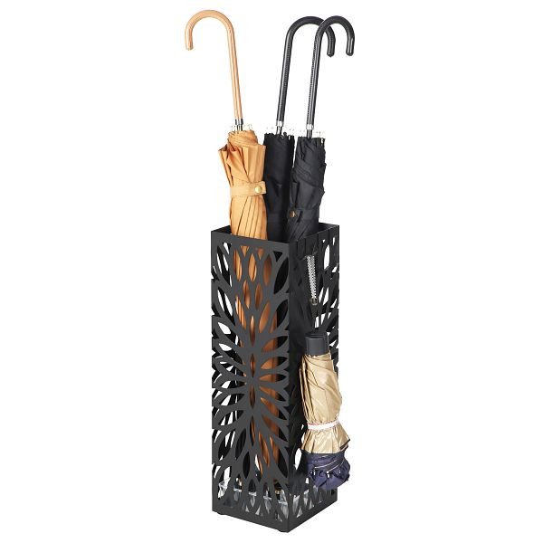 SONGMICS Metall-Regenschirmhalter, quadratisch, 15,5 x 15,5 x 49 cm, mit 4 Haken und einem abnehmbaren Tropfkorb, für Flur, schwarzer, LUC48B