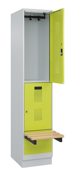 C+P Doppelstock-Spind Evolo PLUS, Bank, 2 Fächer, 1950x400x815mm, 7035/0024, Zylinderschloss, Sitzfläche Buche-Hartholz, mit Sockel, 049340-12 S10042