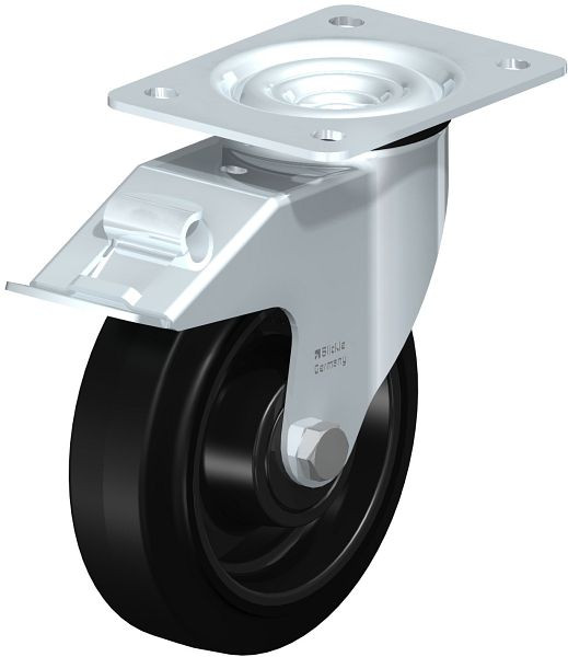 Blickle LE-POEV 160XKA-FI Stahlblech-Lenkrolle mit Anschraubplatte & Feststeller, Elastik-Vollgummi, Schwarz, 850211