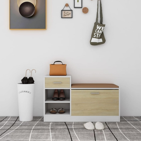 vidaXL Schuhbank Weiß und Sonoma-Eiche 94,5x31x57 cm Holzwerkstoff, 326746