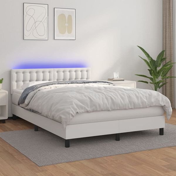 vidaXL Boxspringbett mit Matratze & LED Weiß 140x200 cm Kunstleder, 3134226