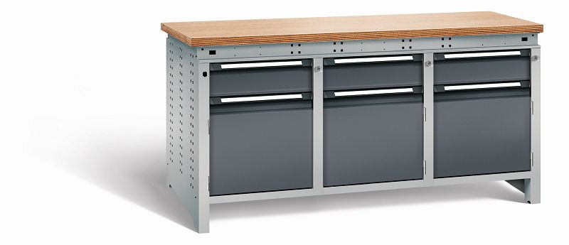 Otto Kind Werkbank Serie function Typ 309, Multiplexplatte 40 mm, bündig, 2x Unterbau + mittleres Feld, Gehäuse RAL 9006, Front RAL 7016, 07236414S