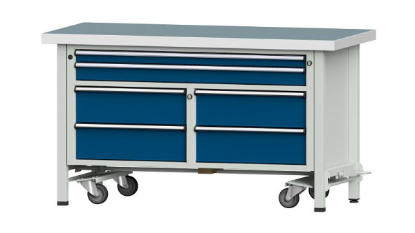 ANKE Werkbänke Kastenwerkbank, Modell 255 V, 1500 x 700 x 850 mm, RAL 7035/5010, UBP 50 mm, mit absenkbarer Fahreinrichtung, 304.213