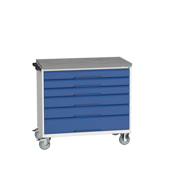 bott verso mobiler Schubladenschrank, mit 6 Schubladen und Linoleum-Top, BxTxH: 1050 x 600 x 980 mm, Lichtgrau / Enzianblau, 16927053.11