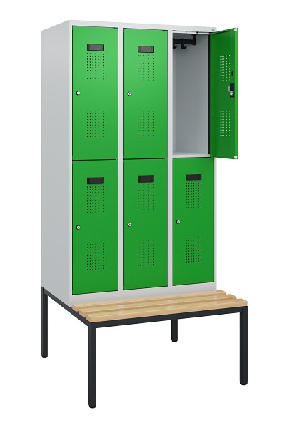 C+P Doppelstöckiger Spind Evolo PLUS, Bank, 6 Fächer, 1950x900x815mm, 7035/6037, Zylinderschloss, Sitzfläche Buche-Hartholz, Sitzbank, 0493505-30 S10038