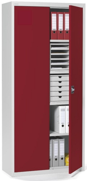 Deskin 5 OH Stahlschrank mit Flügeltüren, Lichtgrau, Türen Rubinrot RAL 3003, B 920 x H 1950 x T 420 mm, 269523