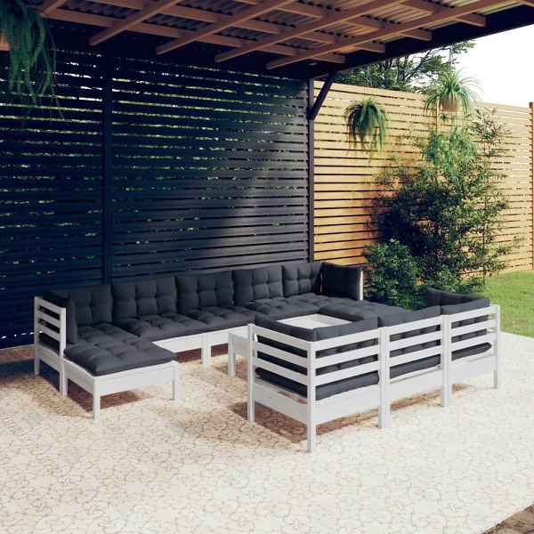 vidaXL 11-teilig Garten-Lounge-Set mit Kissen Weiß Kiefer Massivholz, 3097146