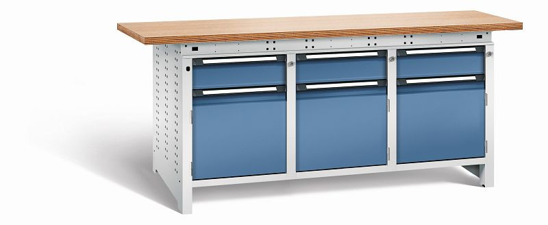 Otto Kind Werkbank Serie function Typ 309, Multiplexplatte 40 mm, überstehend, 2x Unterbau + mittleres Feld, Gehäuse RAL 7035, Front RAL 5023, 072364264