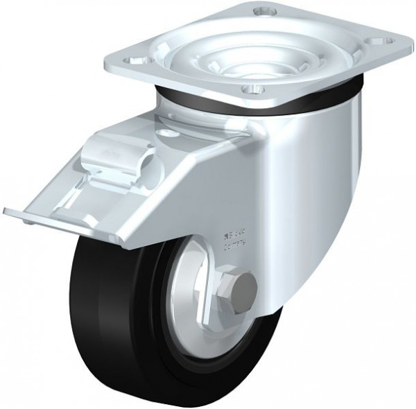 Blickle LK-POEV 100R-1-FI-FA Stahlblech-Lenkrolle, schwere Ausführung, mit Anschraubplatte & Feststeller, Elastik-Vollgummi, Schwarz, 750327