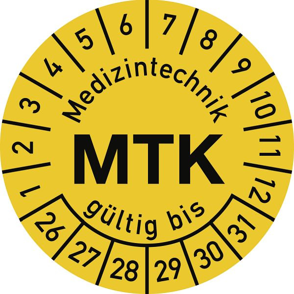 Moedel Prüfplakette Medizintechnik MTK 2026-2031, Polyesterfolie, Ø 15 mm, VE: 10 Stück/Bogen, 107202