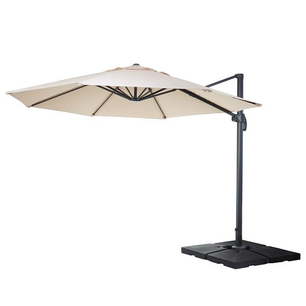 Mendler Gastronomie-Ampelschirm HWC-A96, Sonnenschirm, rund Ø 3,5m Polyester Alu/Stahl 26kg, creme mit Ständer, drehbar, 138547+35661+122472