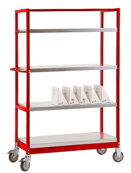 Manuflex Etagenwagen VARIMOBIL 250 kg mit farbigen Stahlböden, HxBxT = 1250 x 1030 x 500 mm, rubinrot, TV3141.3003