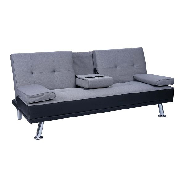 Mendler 3er-Sofa HWC-F60, Couch Schlafsofa Gästebett, Tassenhalter verstellbar 97x166cm, Kunstleder/Textil, schwarz/hellgrau, 70183
