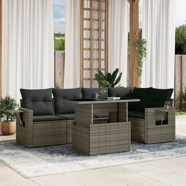 vidaXL 6-teilig Garten-Sofagarnitur mit Kissen Grau Poly Rattan, 3267890
