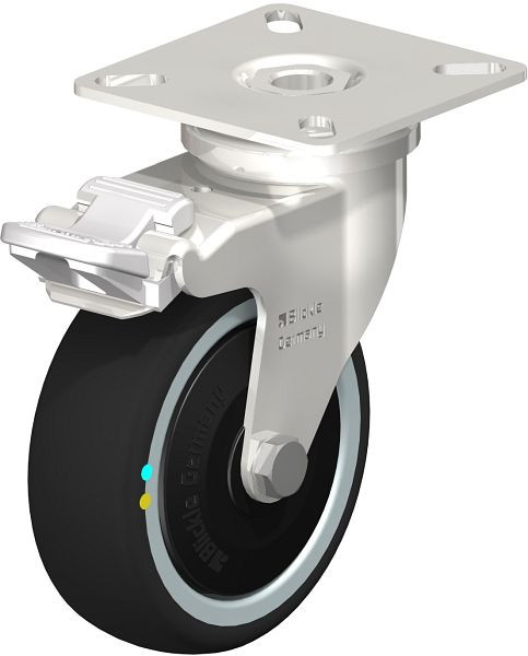 Blickle LPXA-PATH 75KD-FI-ELS-FK Edelstahl-Apparate-Lenkrolle mit Anschraubplatte & Feststeller, Thermoplastisches Polyurethan, Grau, 853513