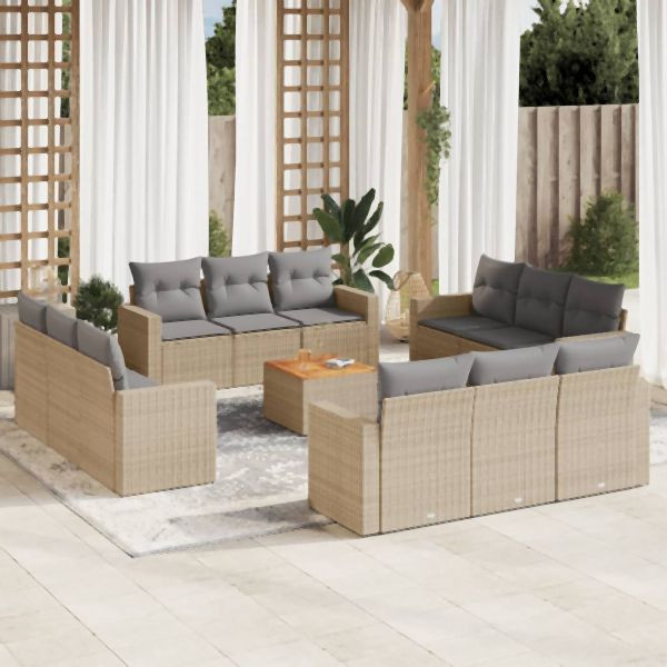 vidaXL 13-tlg. Garten-Sofagarnitur mit Kissen Beige Poly Rattan, 3256388