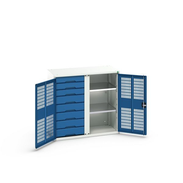 bott verso Garderobenschrank mit Belüftung mit 2 Fachböden, 8 Schubladen, 3x100mm/5x125mm, Trennwand, Lichtgrau/Enzianblau, 16926766.11
